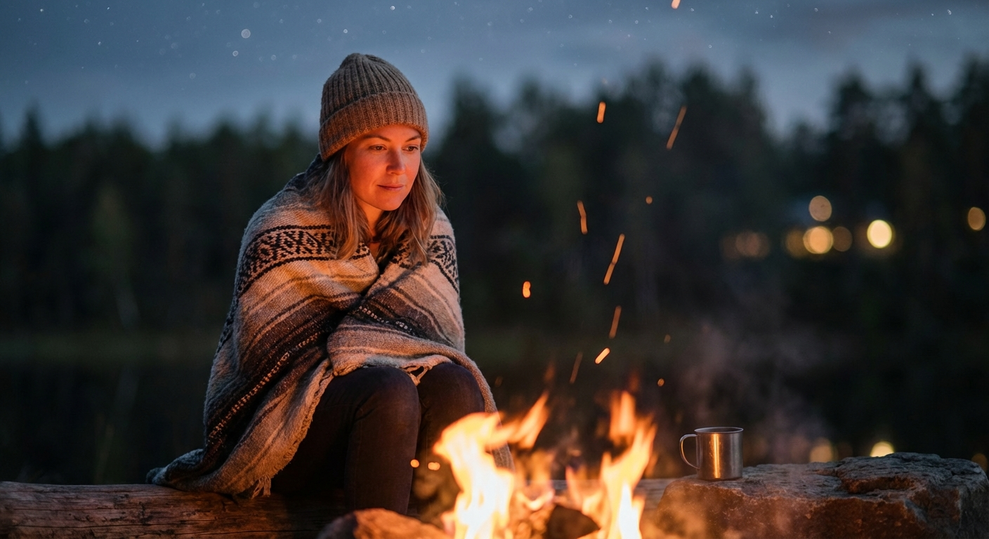 A contemplative woman sitting by a warm campfire at night, reflecting on the spiritual messages within fire dreams