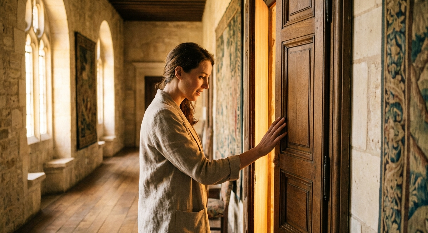 A woman discovering a hidden doorway in a sunlit hallway, representing the spiritual meaning of finding new rooms in house dreams