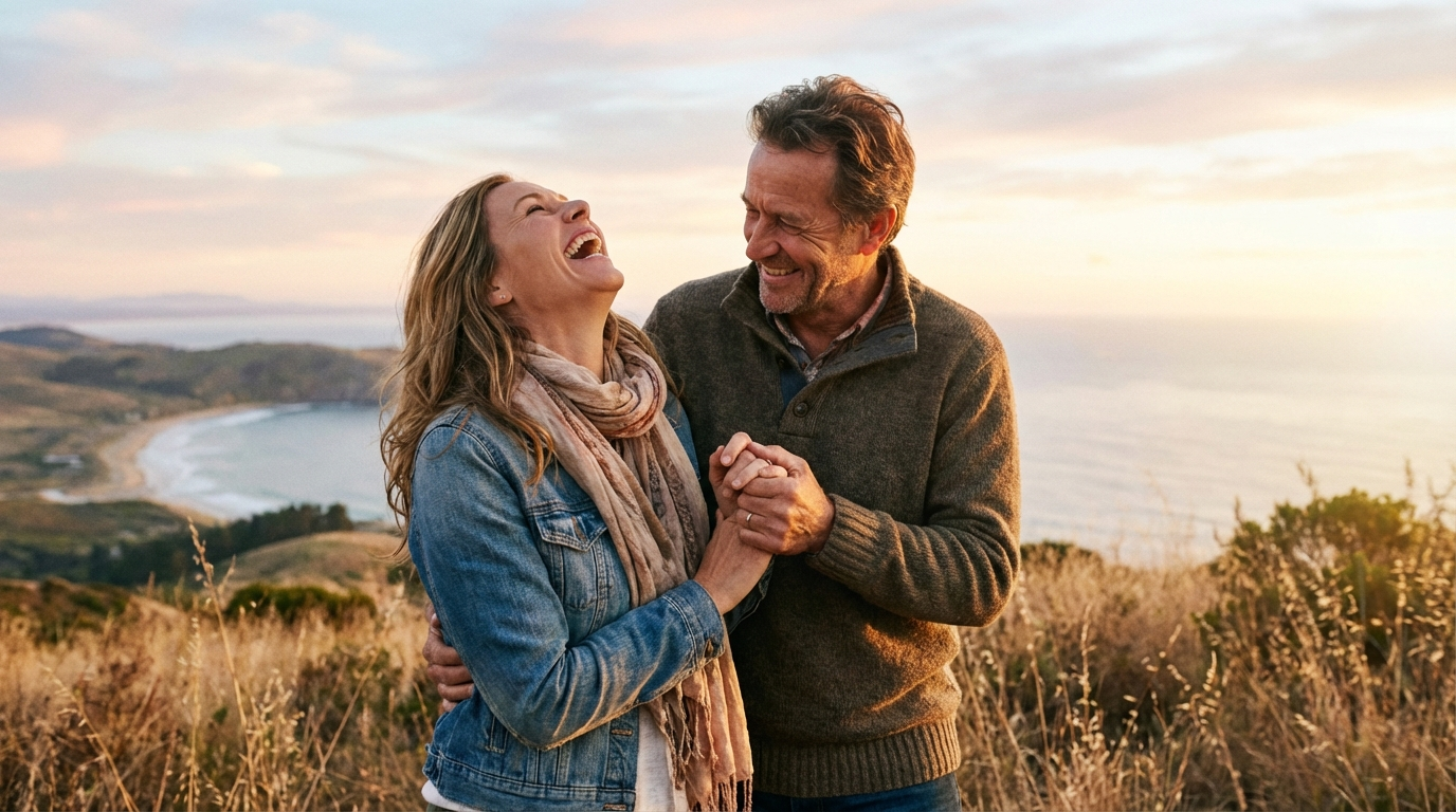 A happy couple laughing together at golden hour, embodying the joyful energy of a Leo and Sagittarius relationship