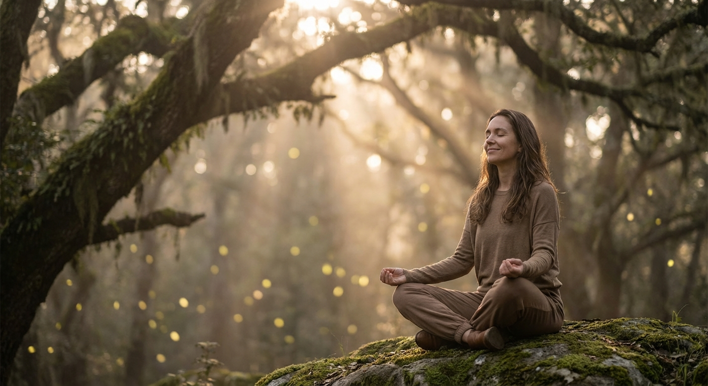 A woman meditating peacefully in a misty forest at twilight, connecting with inner wisdom and owl spirit energy