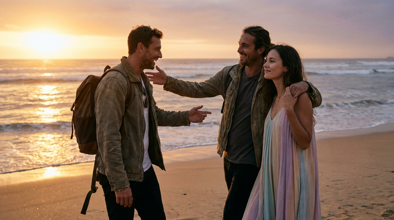 A couple walking together on a beach at sunset, representing the adventurous yet dreamy connection between Sagittarius and Pisces