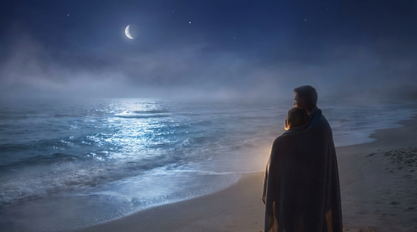 A couple sitting by the ocean at twilight representing the deep water-sign connection between Scorpio and Pisces
