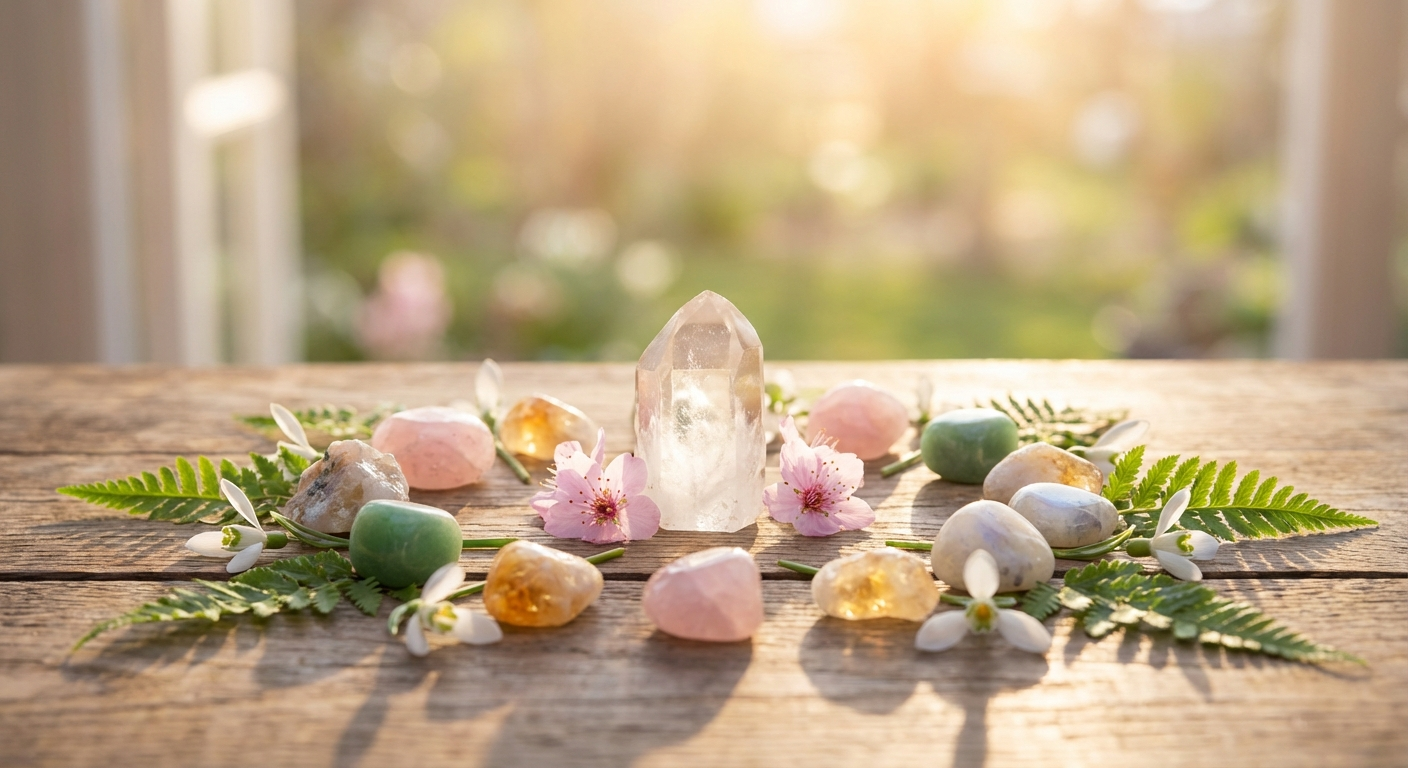Healing crystals arranged for a spring equinox ritual with spring flowers and golden morning light