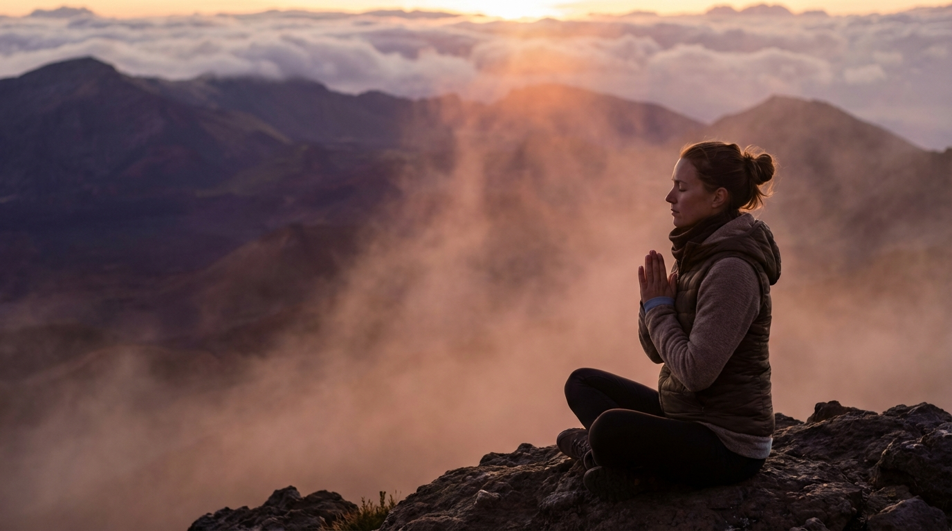 Woman meditating at sunrise during the Sun conjunct Neptune in Aries transit
