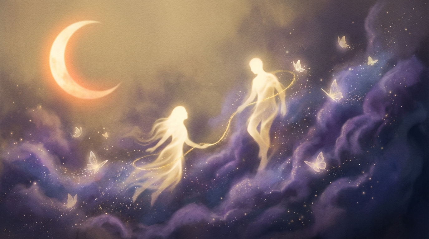 Two luminous souls connected by golden light in a cosmic dreamscape, representing the twin flame dream connection