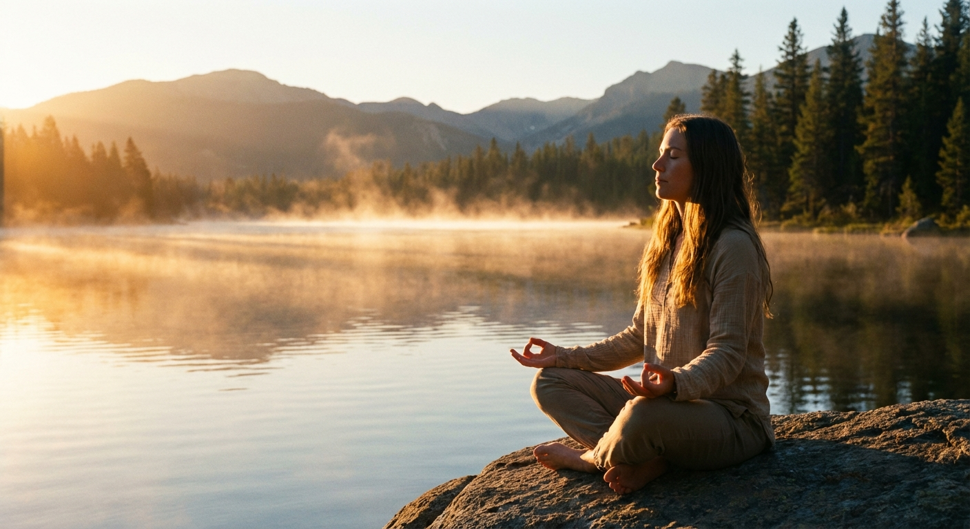 Person meditating peacefully by a calm lake at sunrise, representing the inner healing needed during the twin flame runner and chaser phase