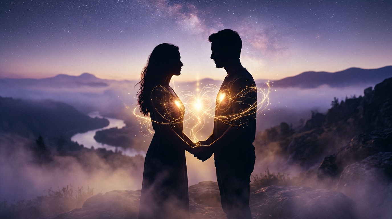 Two silhouettes connected by ethereal golden light representing the twin flame soul connection