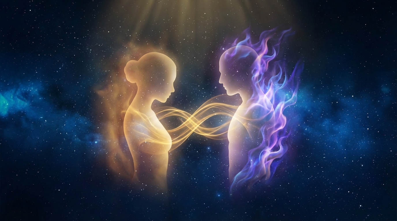 Two glowing silhouettes connected by ethereal energy representing twin flame and soulmate connections
