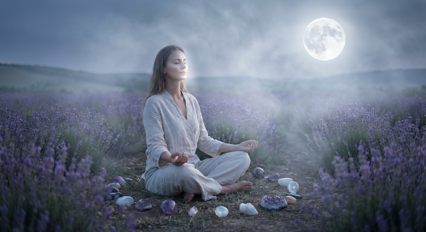 Woman meditating under the full moon with crystals in a lavender field