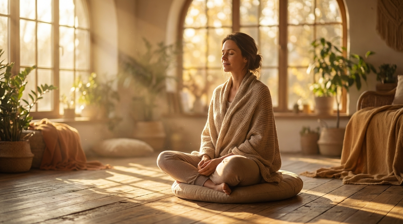 Woman meditating peacefully in golden morning light, embodying the spiritual alignment of angel number 848