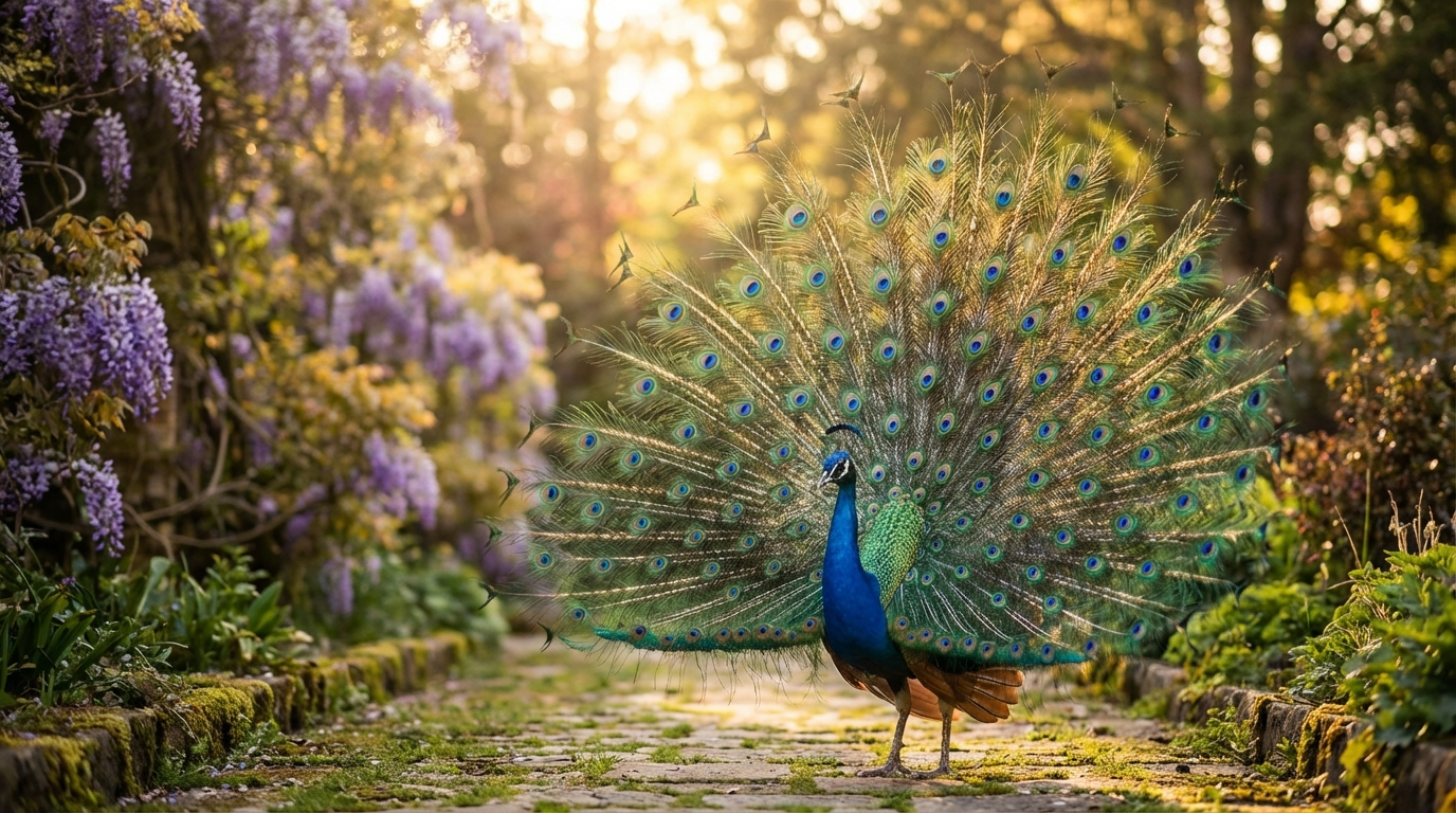 A majestic peacock displaying its iridescent tail feathers in golden sunlight